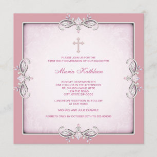 Invitation Croix de Damas rose Première communion rose