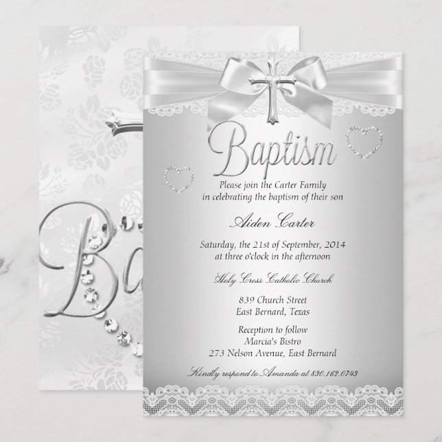 Invitation Croix de dentelle d'argent Baptême garçon ou fille (Devant / Derrière)