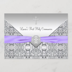 Invitation Croix de dentelle Filles Première communion violet