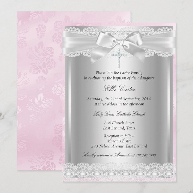 Invitation Croix de dentelle rose Baptême/Invitation Christen (Devant / Derrière)