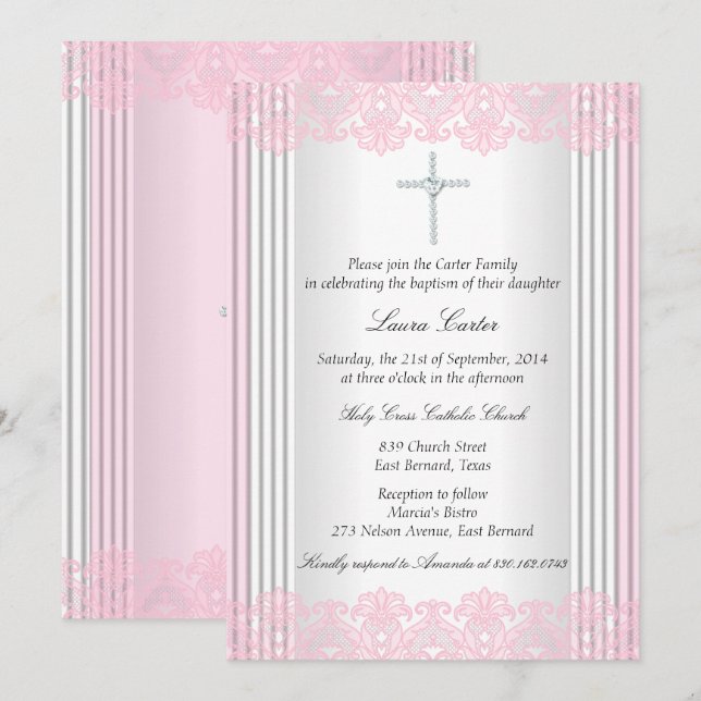 Invitation Croix de dentelle rose blanche Baptême Christening (Devant / Derrière)