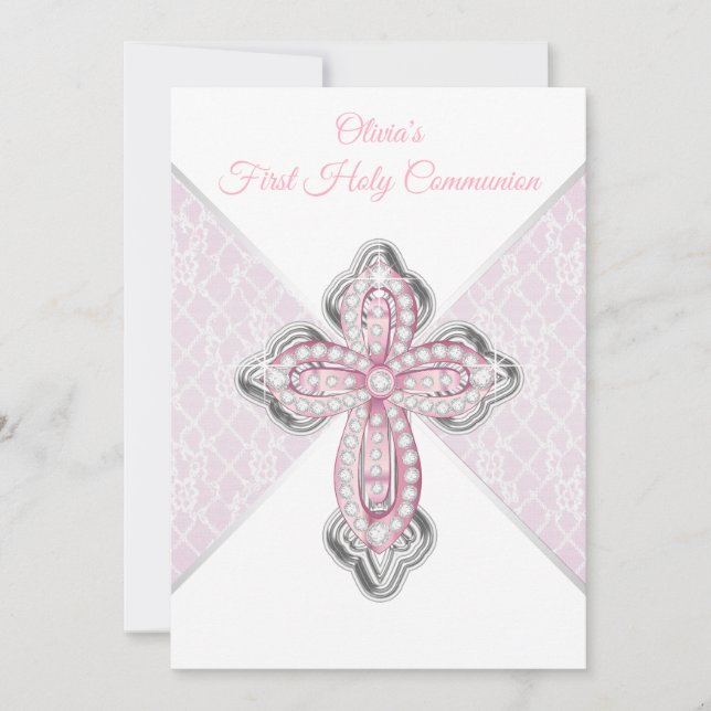 Invitation Croix de dentelle rose de première communion (Devant)