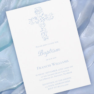 Invitation croix de feuillage bleu de baptême