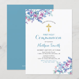Invitation Croix de fleurs et d'or   Première sainte communio