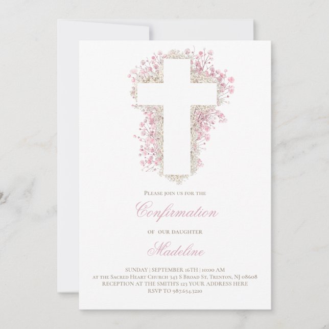 Invitation croix de fleurs respirantes du bébé Confirmation (Devant)