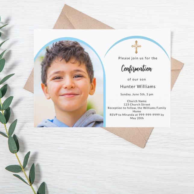 Invitation Croix de garçon de l'arc photo bleu Confirmation (Créateur téléchargé)