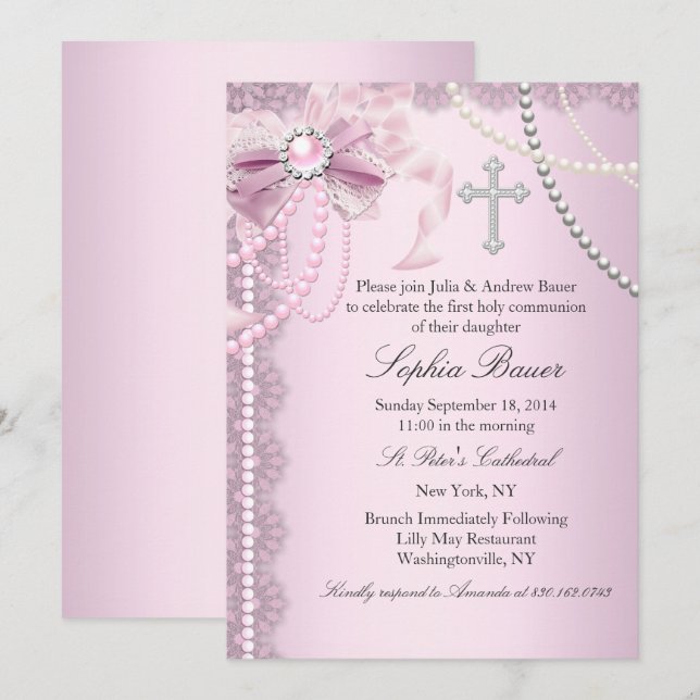 Invitation Croix de la Bow rose Pretty Pearl Première communi (Devant / Derrière)