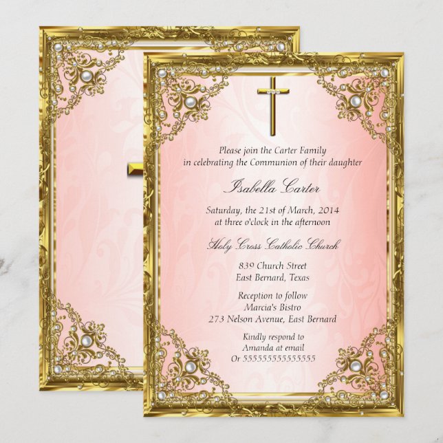 Invitation Croix de la Communion rose or beige perle Damas (Devant / Derrière)