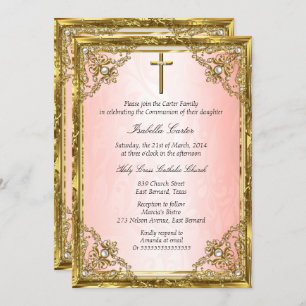 Invitation Croix de la Communion rose or beige perle Damas