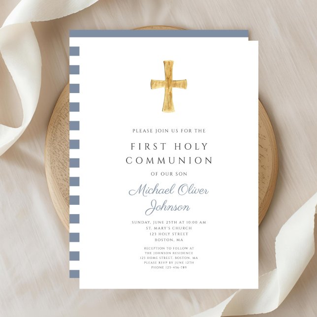 Invitation Croix de la Croix de la Croix du Garçon Première c (Modern Blue Stripes Cross Boy First Communion Invitation )