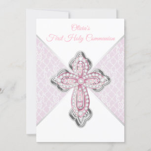 Invitation Croix de la dentelle rose de la première communion