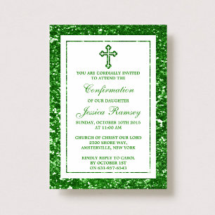 Invitation Croix de la Parties scintillant verte communion sa
