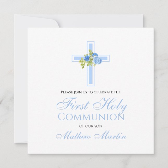 Invitation Croix de la première communion avec Carré Rose ble (Devant)