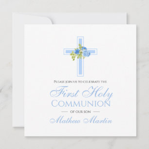 Invitation Croix de la première communion avec Carré Rose ble