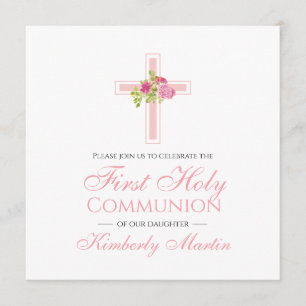 Invitation Croix de la première communion avec Carré rose Ros