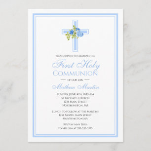 Invitation Croix de la première communion avec Rose Bleu chré