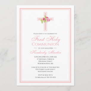 Invitation Croix de la première communion avec roses roses ro