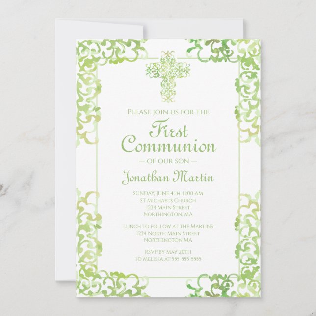 Invitation Croix de la Première communion Dames vertes Christ (Devant)