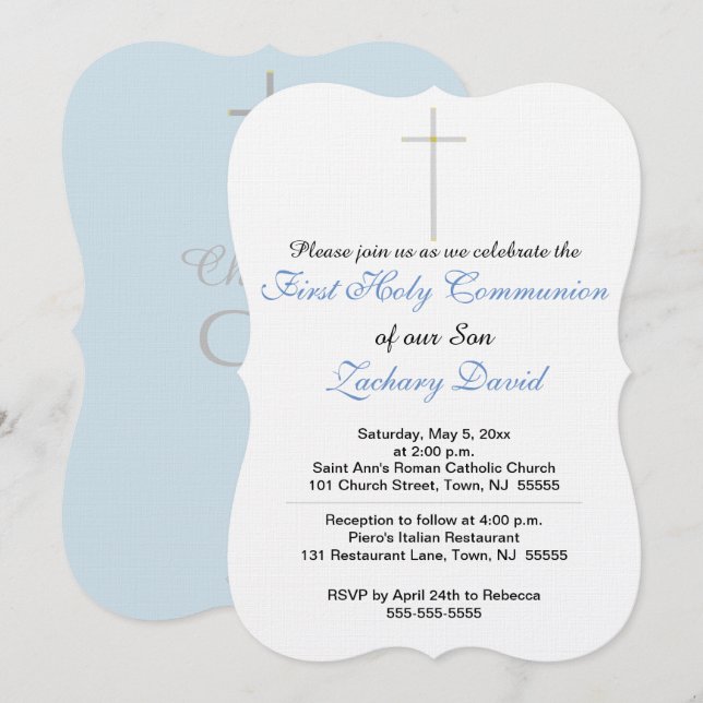 Invitation Croix de la première sainte communion bleue (Devant / Derrière)