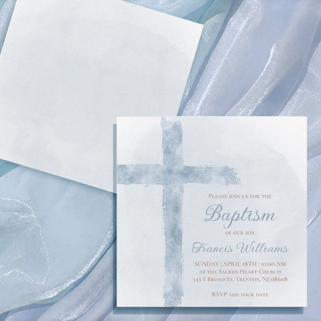 Invitation Croix de l'aquarelle bleue du baptême (Créateur téléchargé)