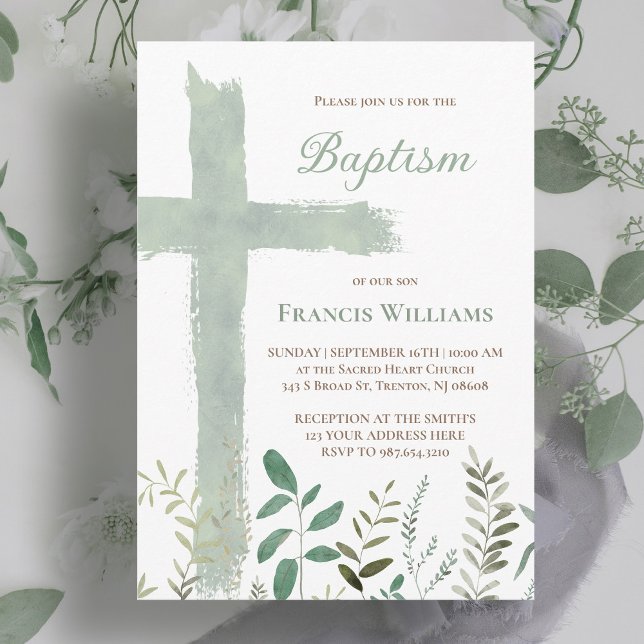 Invitation Croix de l'aquarelle verte du baptême (Créateur téléchargé)