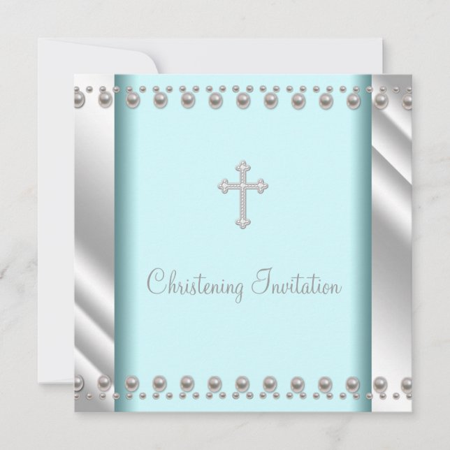 Invitation Croix de Pearl bleu turquoise Baptême baptême Chri (Devant)