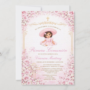 Invitation Croix de Première Communion Fille Espagnole Floral