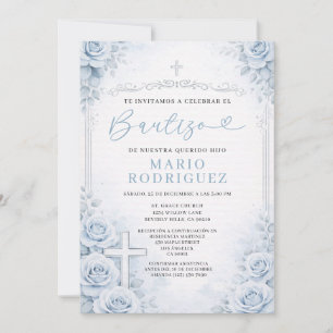 Invitation Croix de religion de baptême espagnol floral bleu