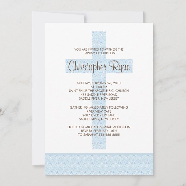 Invitation Croix des Damas bleues Bébé Baptême de l'enfance (Devant)