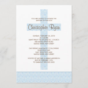 Invitation Croix des Damas bleues Bébé Baptême de l'enfance