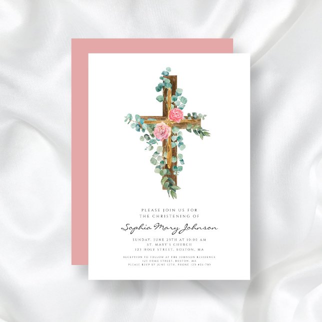 Invitation Croix d'Eucalyptus rose Christening religieux (Pink Eucalyptus Cross Religious Christening Invitation)