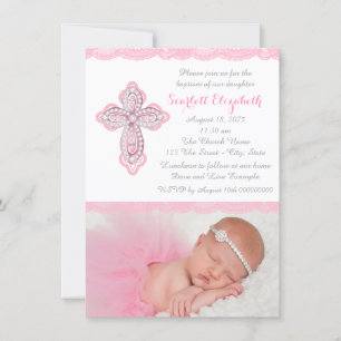 Invitation Croix diamantée dentelle rose Photo Baptême