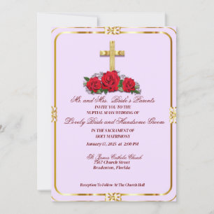 Invitation Croix d'or avec Roses rouges catholique