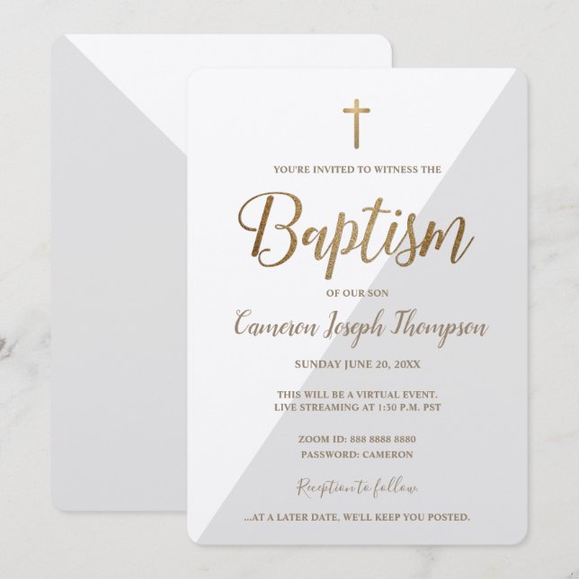 Invitation Croix d'or blanc gris simple Baptême virtuel (Devant / Derrière)