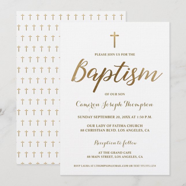 Invitation Croix d'or blanc Personnalisé Baby boy Baptême (Devant / Derrière)