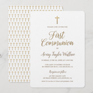 Invitation Croix d'or blanc simple Première communion moderne