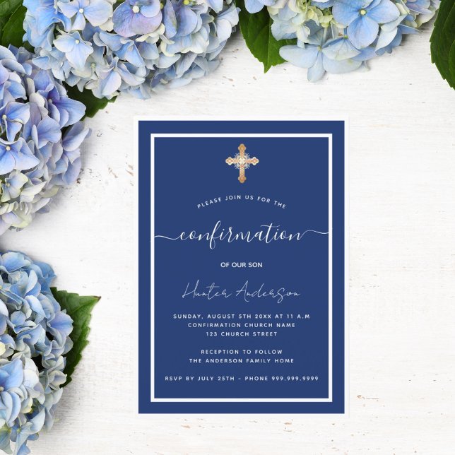 Invitation Croix d'or bleu bleu marine (Créateur téléchargé)