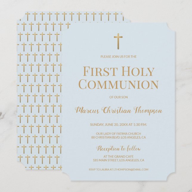 Invitation Croix d'or bleu doux Garçon Première communion sai (Devant / Derrière)