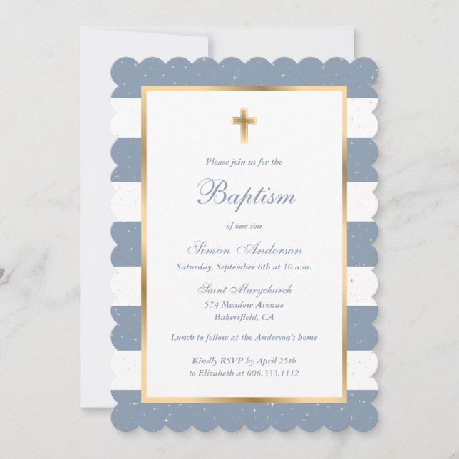 Invitation Croix d'or bleu Dusty Stars Baptême rayé (Devant)