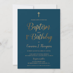 Invitation Croix d'or bleu foncé Baptême 1er anniversaire