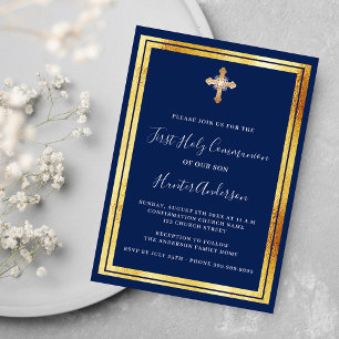 Invitation Croix d'or bleu marine de la première communion