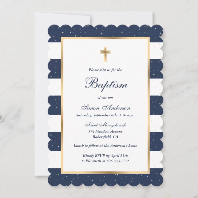 Invitation Croix d'or bleu moderne Striped Boy Baptême (Devant)
