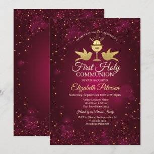 Invitation Croix d'or, Chalice Rouge Première communion saint