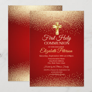 Invitation Croix d'or Chiffres rouges Première communion sain