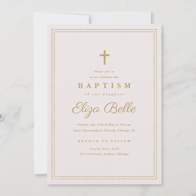 Invitation Croix d'or classique Baptême et baptême religieux (Devant)