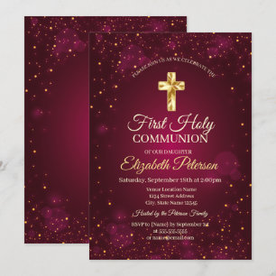 Invitation Croix d'or Confetti rouge Première communion saint