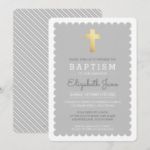 Invitation CROIX D'OR CROISÉE moderne baptême têtu gris