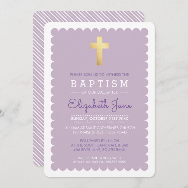 Invitation CROIX D'OR CUTE moderne baptême écossais violet vi (Devant / Derrière)