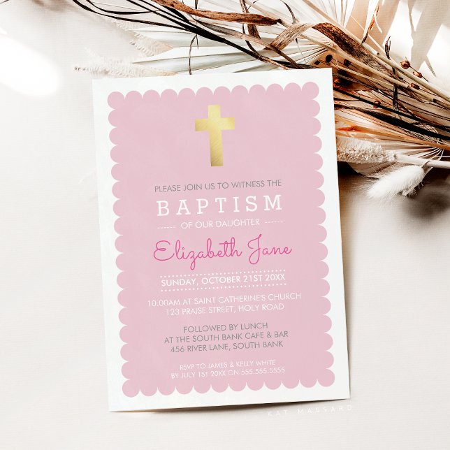 Invitation CROIX D'OR CUTE moderne baptism arête à coquilles  (Créateur téléchargé)