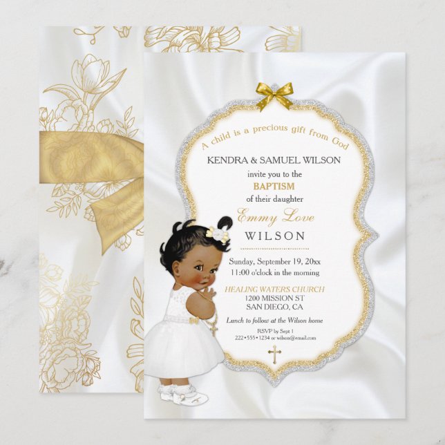 Invitation Croix d'or de baptême de bébé d'Afro-américain (Devant / Derrière)